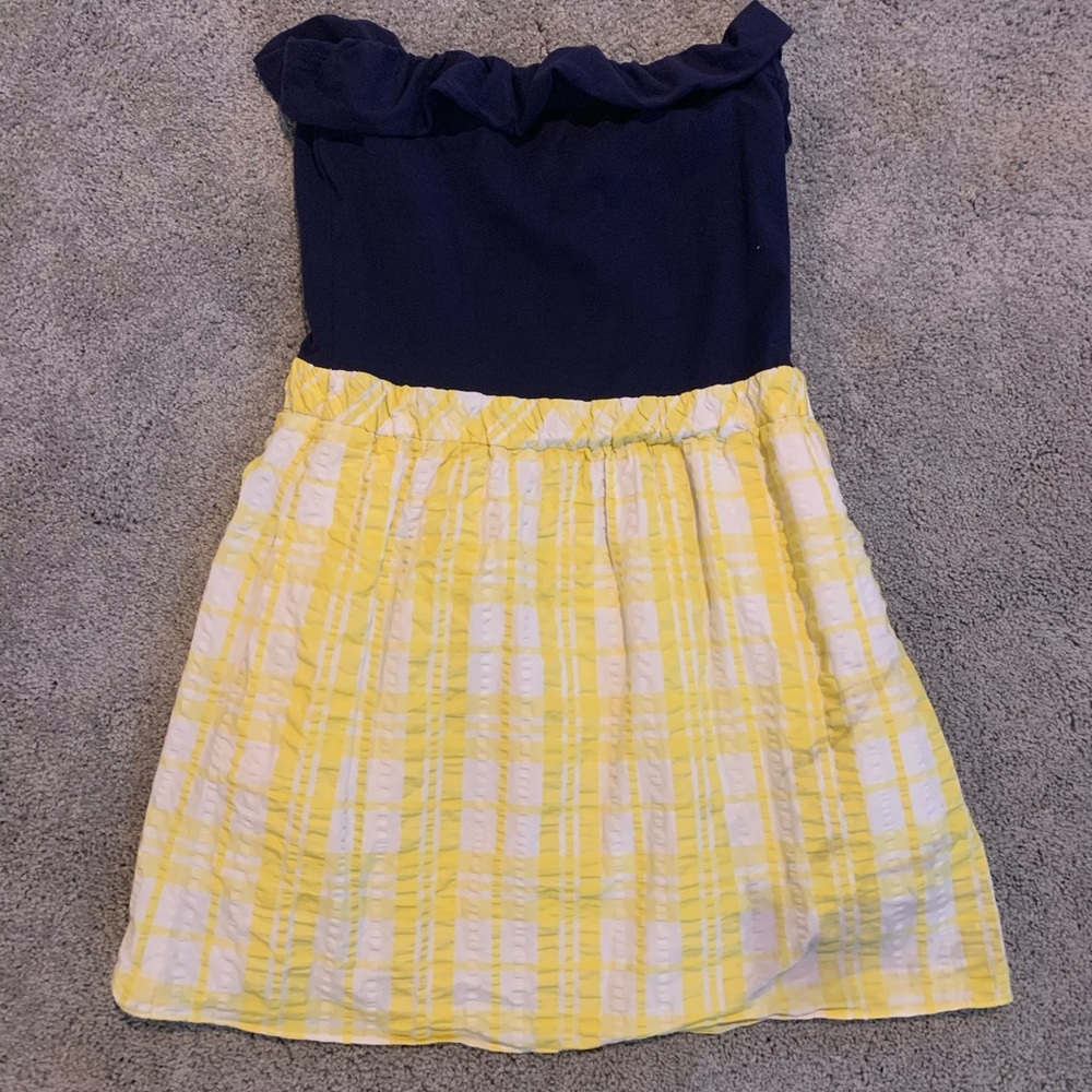Lilly Pulitzer strapless navy ruffles yellow plaid - Picture 2 of 6